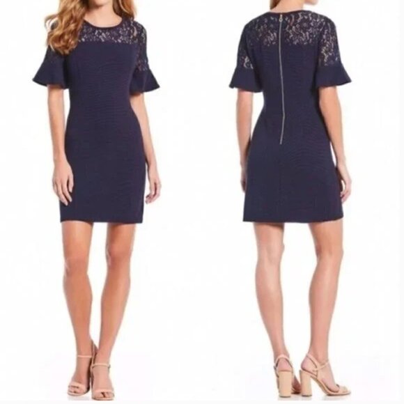 Draper James Dresses & Skirts - Draper James Navy Blue Flutter Short Sleeve Lace Dress Embroidered Size 2